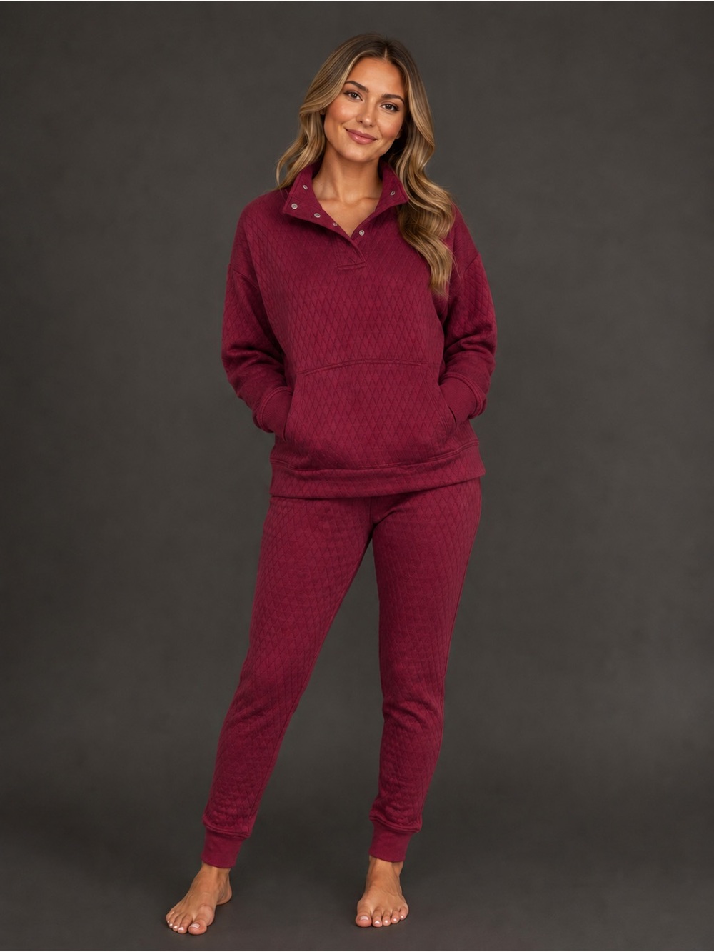 Yogalicious Diamond Quilted Adaptation Pullover Jogger Set Cranberry S/XS NWT